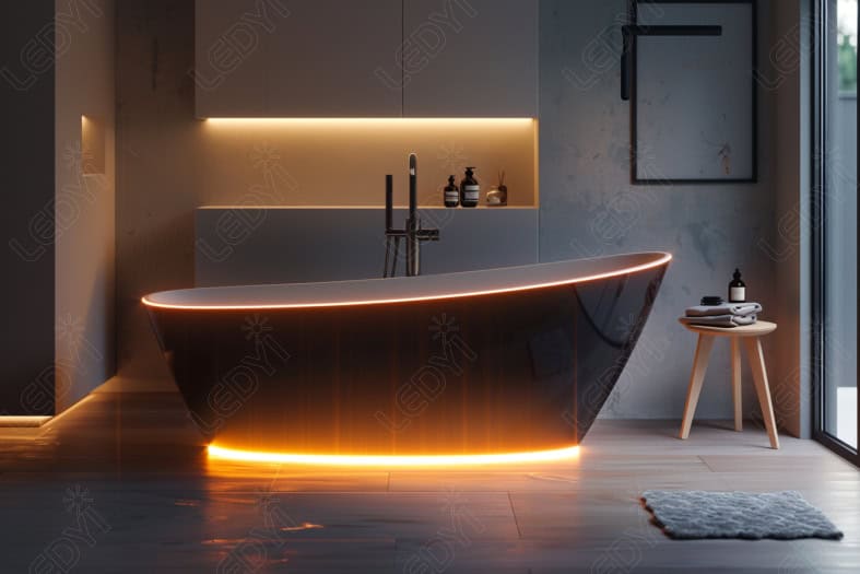 Modern bathroom with illuminated black bathtub.