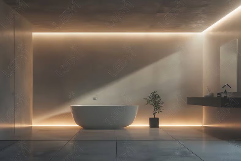 Modern bathroom with freestanding tub and ambient LED lighting.