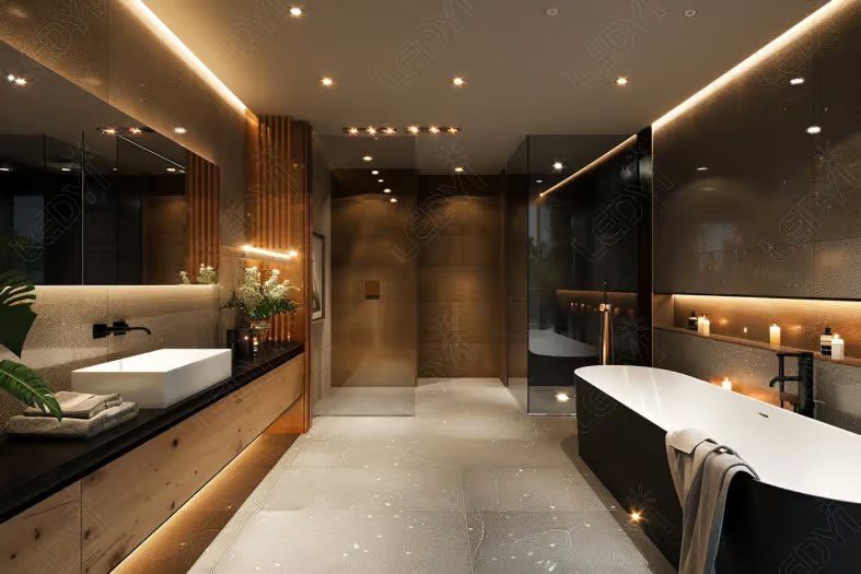Modern luxury bathroom with bathtub, vanity, and ambient lighting.