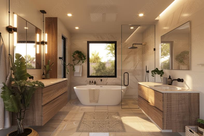 Modern bathroom with bathtub, shower, vanity, and natural light.