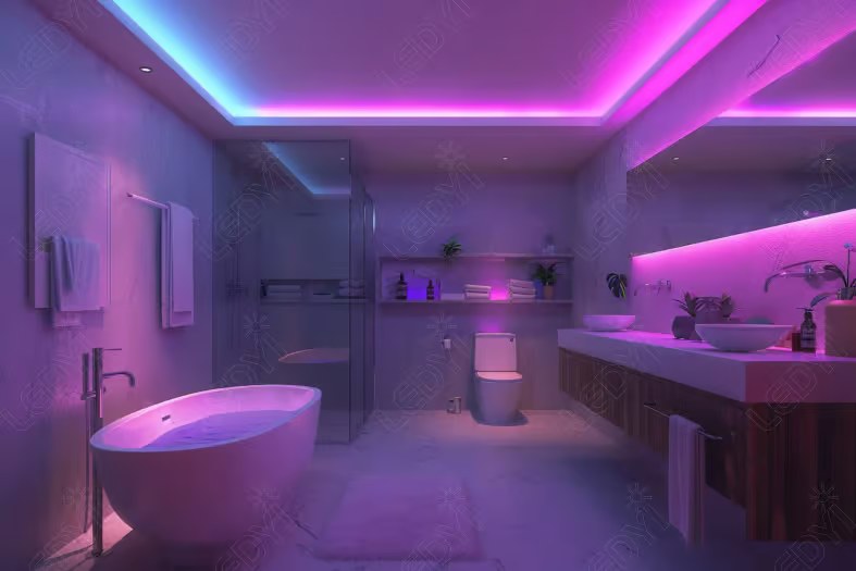 Modern bathroom with ambient LED lighting.