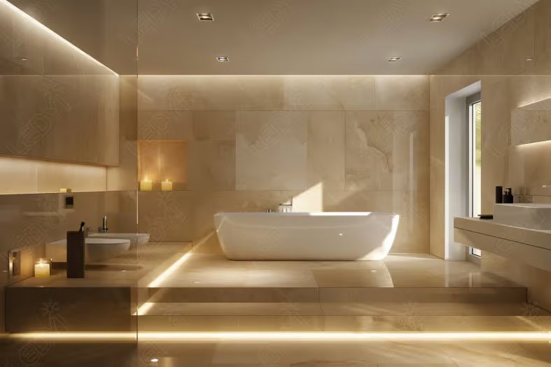 Luxurious modern bathroom with elegant lighting and fixtures.