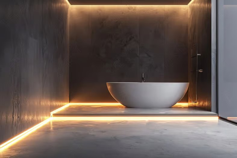 Modern bathroom with ambient LED lighting.