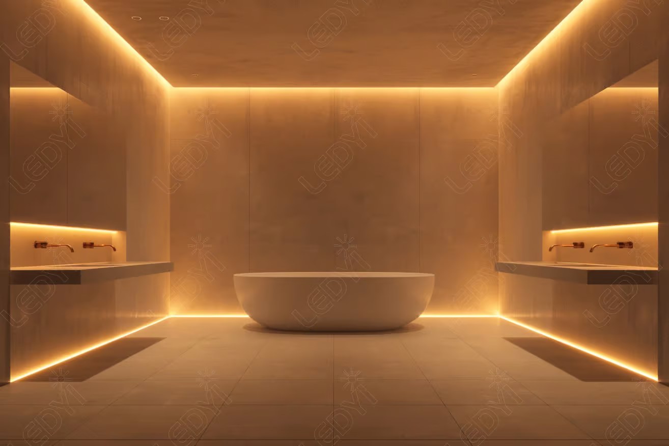 Modern bathroom with LED lighting and freestanding bathtub.
