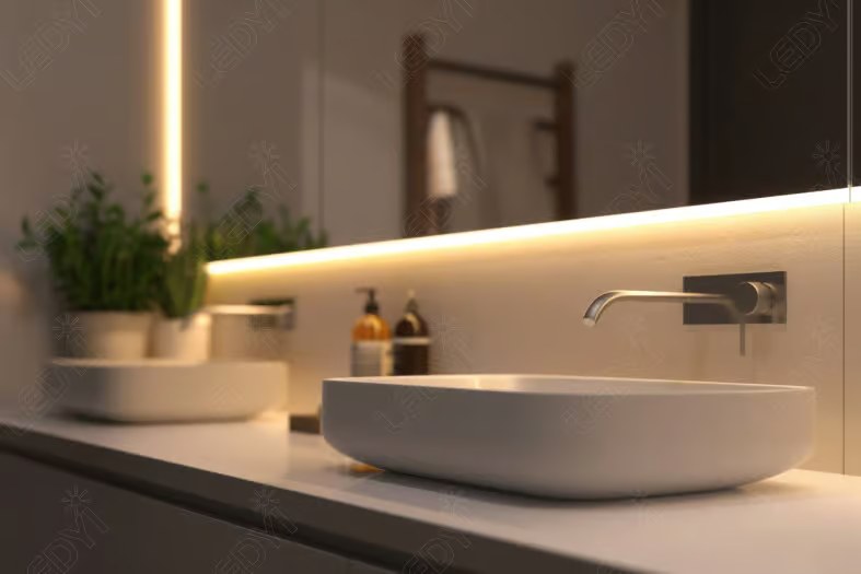 Modern bathroom vanity with sink and mirror lighting.