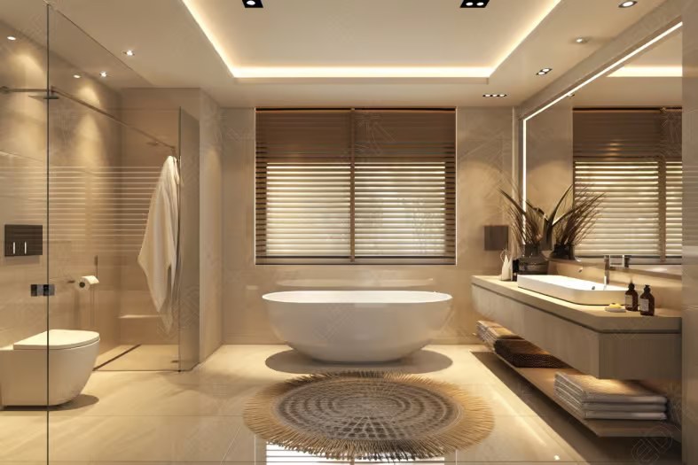 Modern bathroom with freestanding tub and stylish decor.