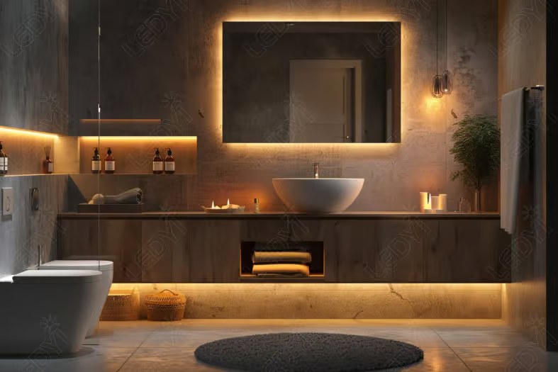 Modern bathroom with ambient lighting and round mirror.