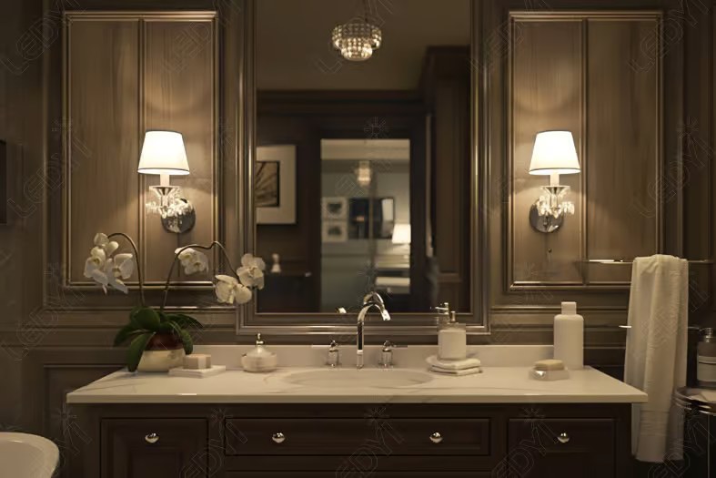 Luxurious bathroom vanity with elegant lighting and mirror.