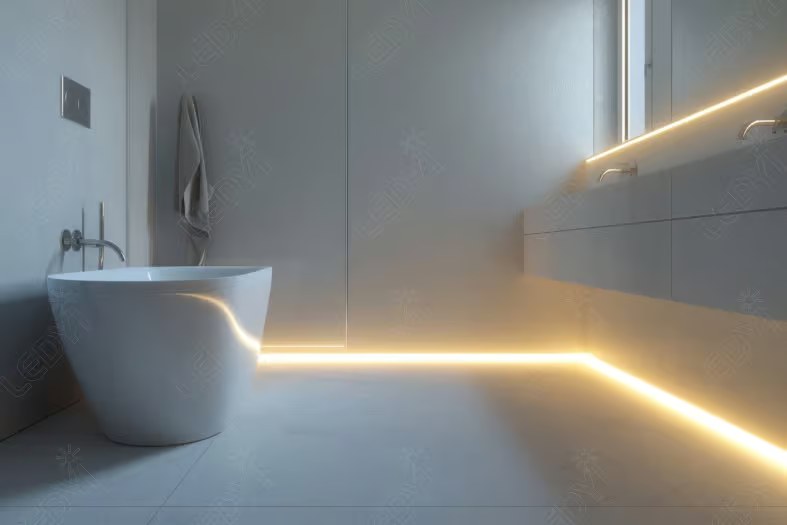 Modern bathroom with LED lighting and white bathtub.