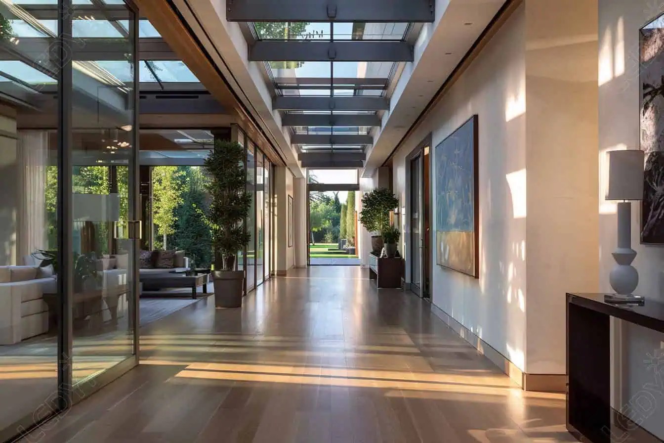 Modern hallway with large windows and natural light.