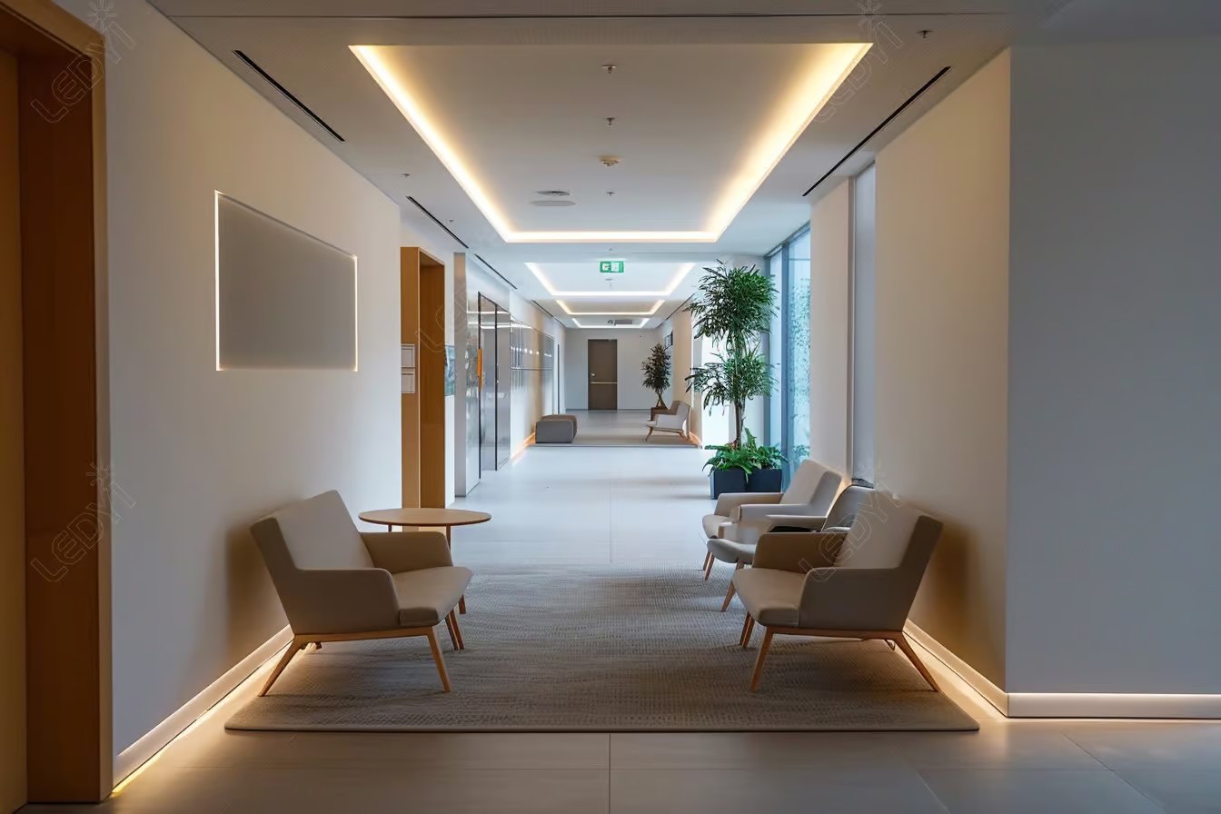 Modern office hallway with seating area and plants.