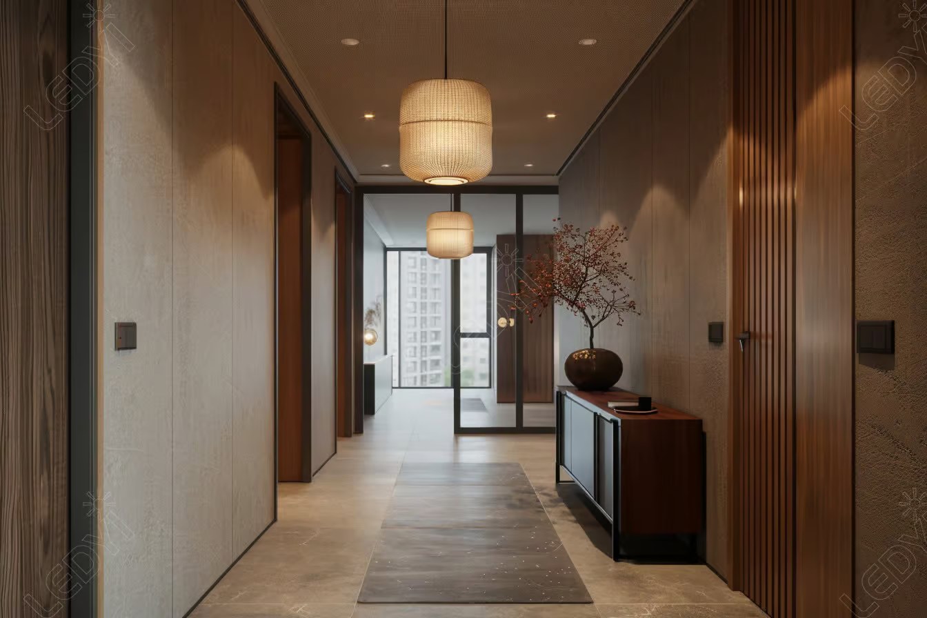 Modern apartment hallway with elegant lighting and decor.