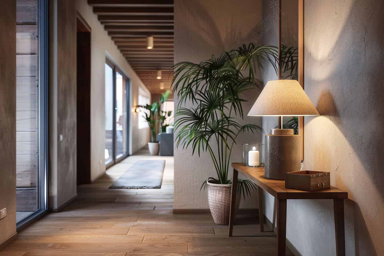 Modern hallway with plants, wooden furniture, and soft lighting.