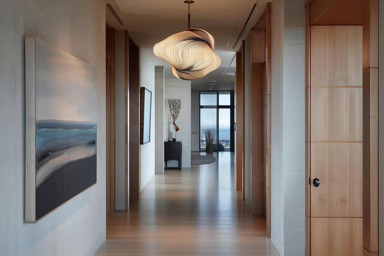 Modern hallway with artistic lighting and wooden accents.