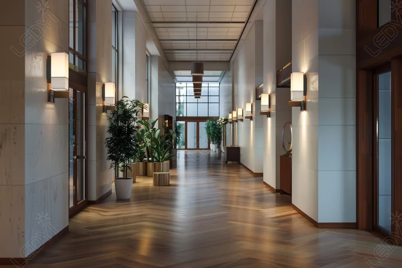 Modern lobby with stylish lighting and indoor plants.