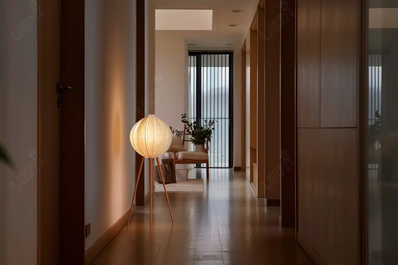 Modern hallway with lamp and seating area.