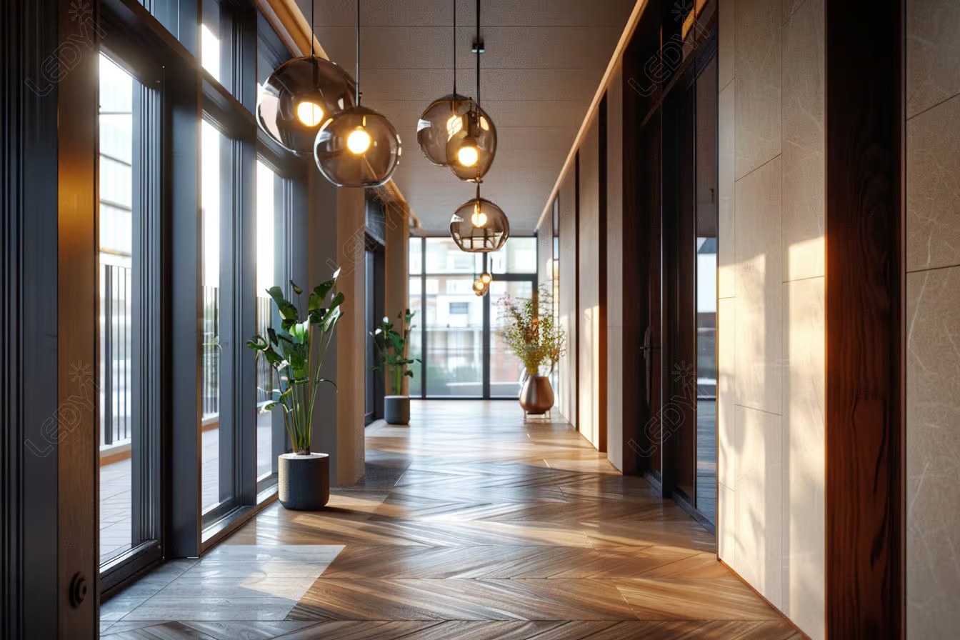 Modern hallway with hanging lights and indoor plants.