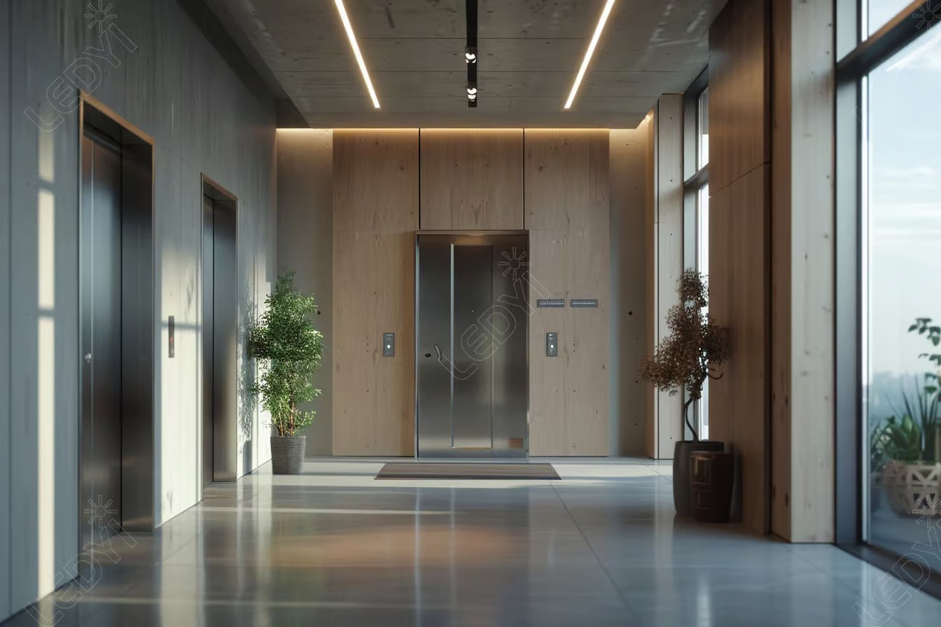 Modern elevator hallway with wooden walls and plants.