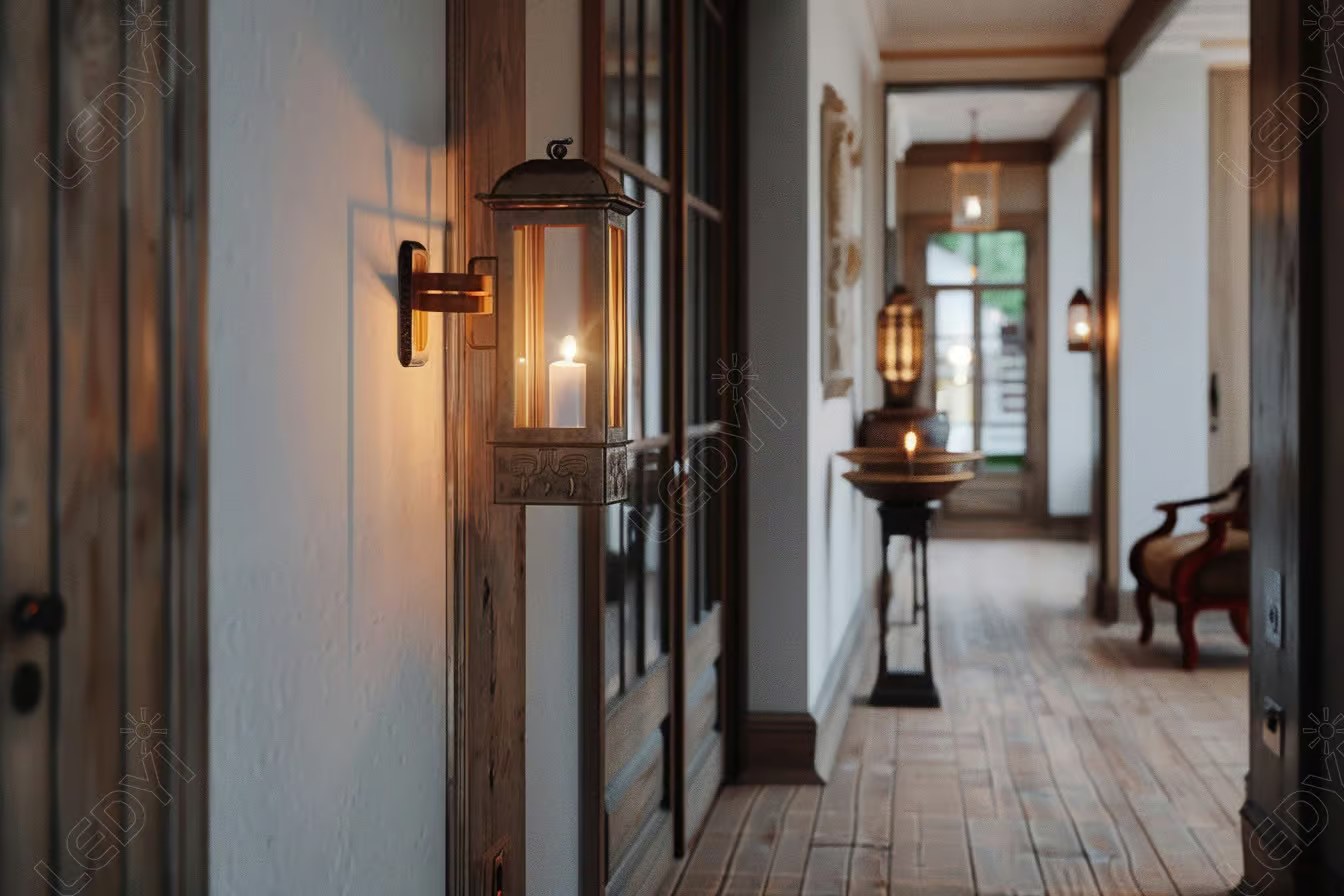 Hallway with wooden floors and lit wall lanterns.