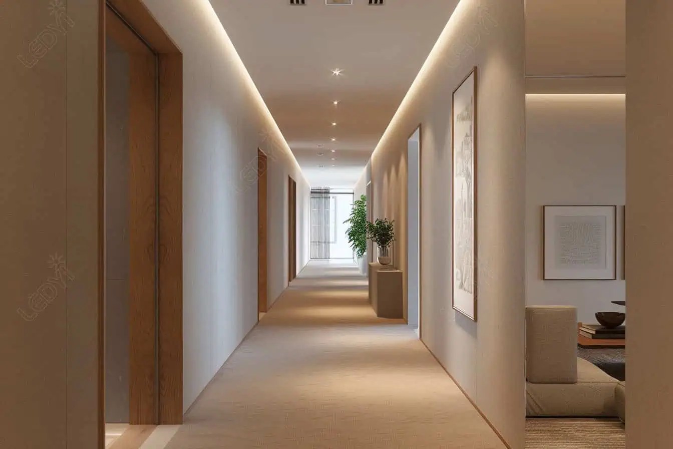 Modern, well-lit hallway with plants and wall art.