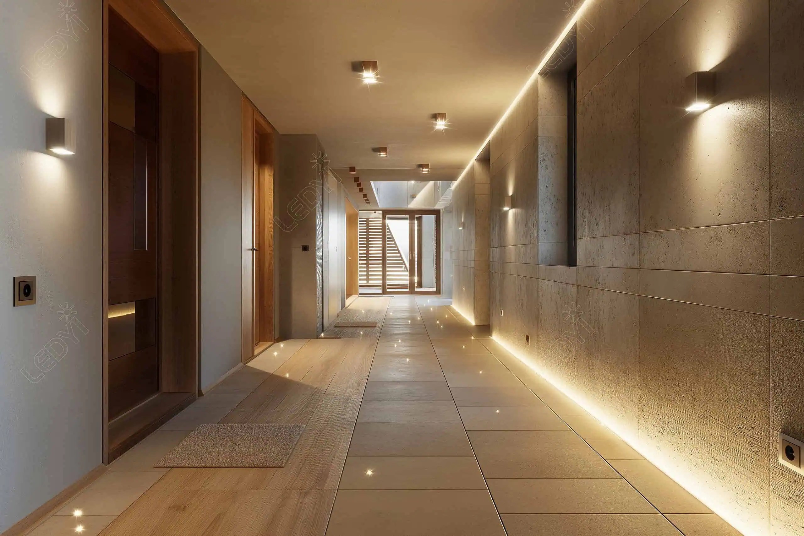 Modern hallway with ambient lighting and wooden accents.