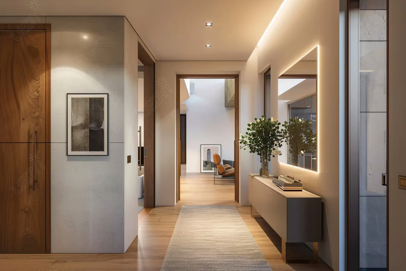 Modern hallway with wooden decor and bright lighting.