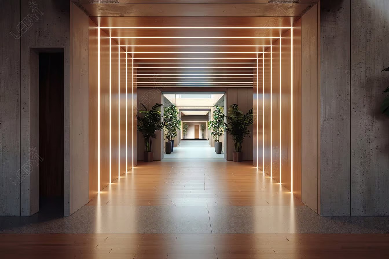 Illuminated modern hallway with plants and wooden floor.