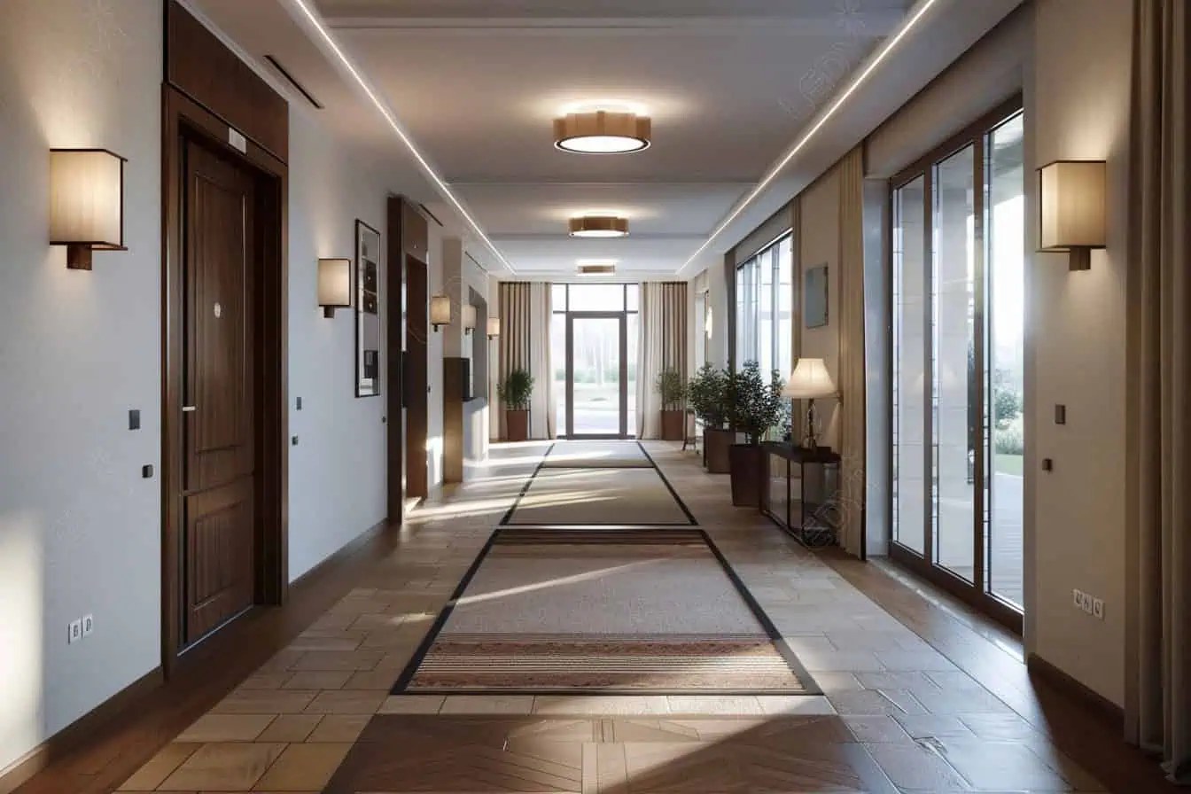 Modern hallway with wooden floors and ample natural light