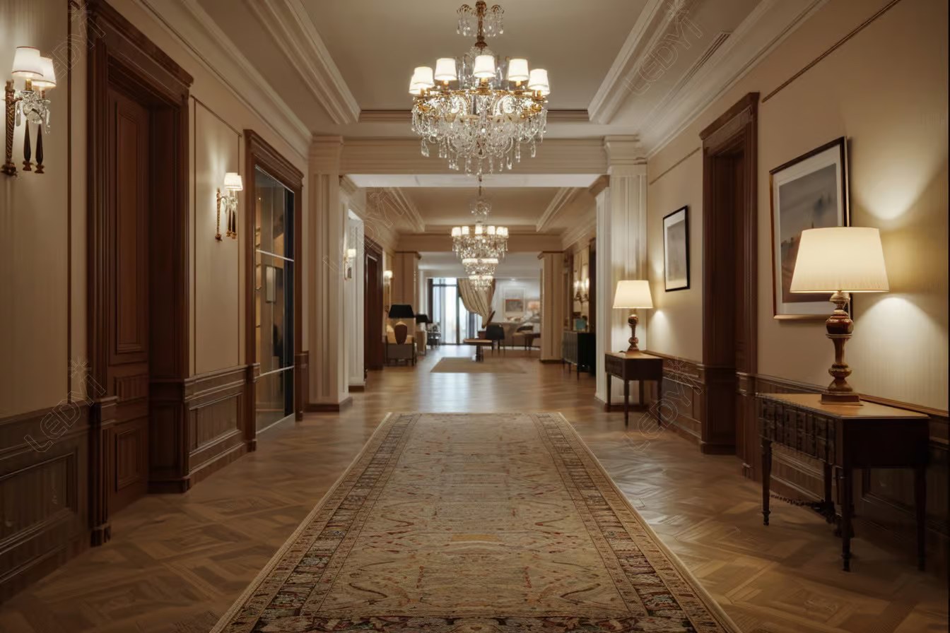 Elegant hotel hallway with chandeliers and warm lighting