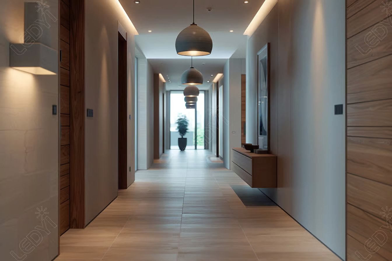 Modern hallway with pendant lights and wooden doors.