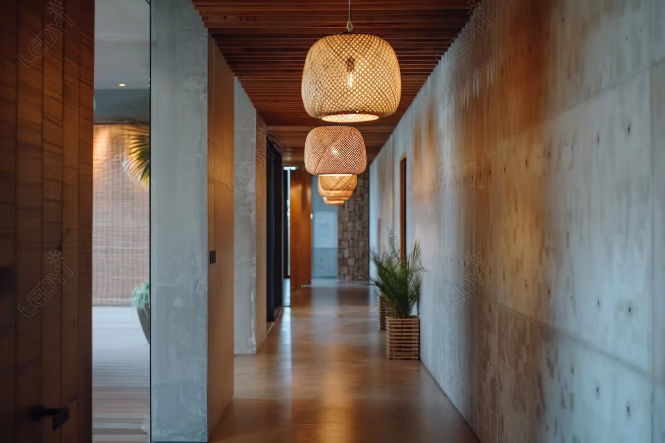 Modern hallway with hanging woven pendant lights.