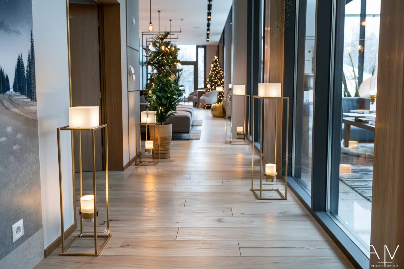 Modern hallway decorated for Christmas with candles and trees.