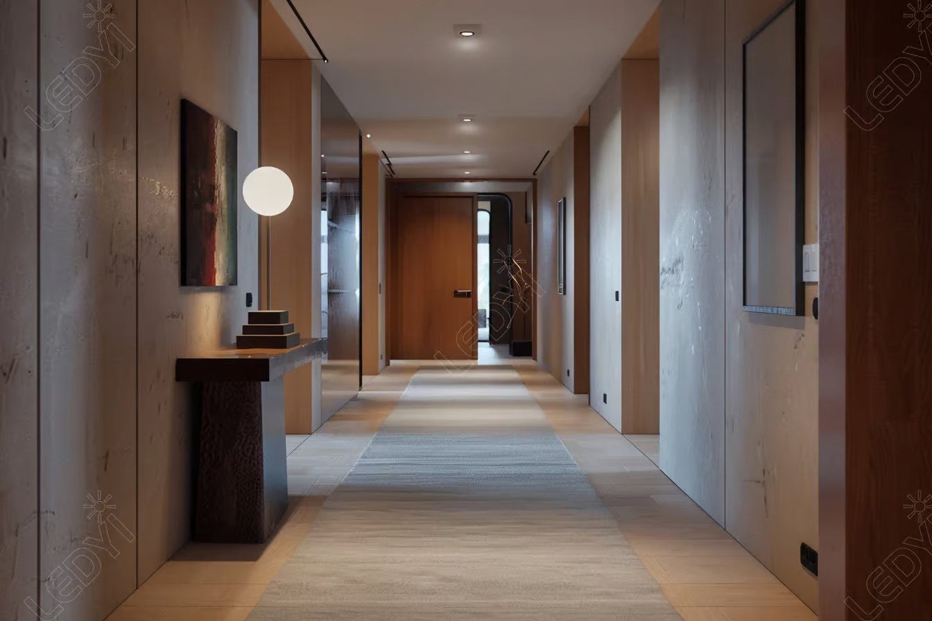 Modern hallway with contemporary decor and lighting.