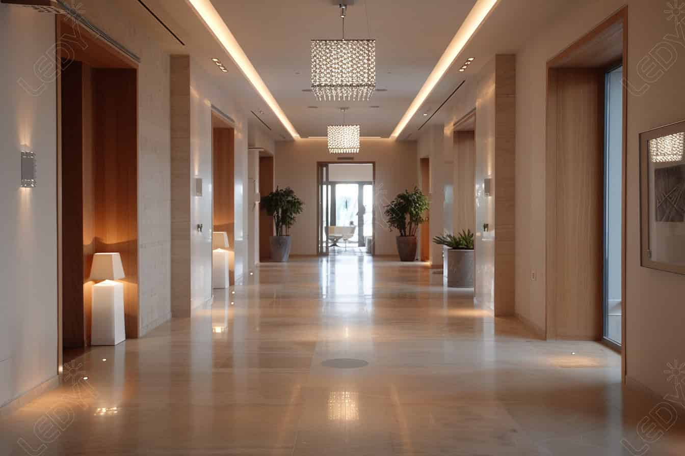Modern hotel hallway with elegant lighting and decor.