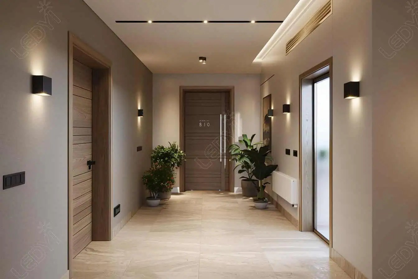 Modern hallway with wooden doors and indoor plants.
