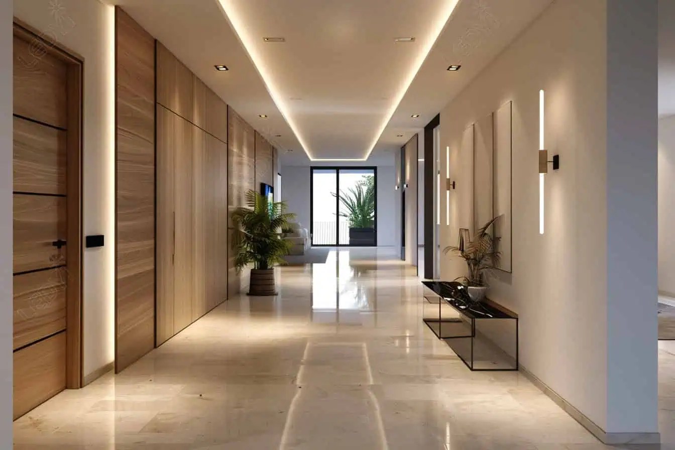 Modern hallway with elegant lighting and glass doors.