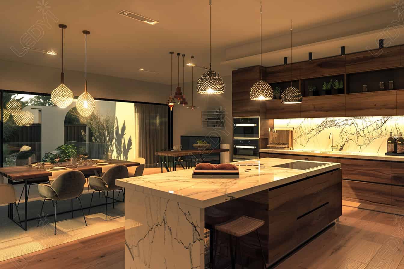 Modern kitchen with island and wooden cabinetry.