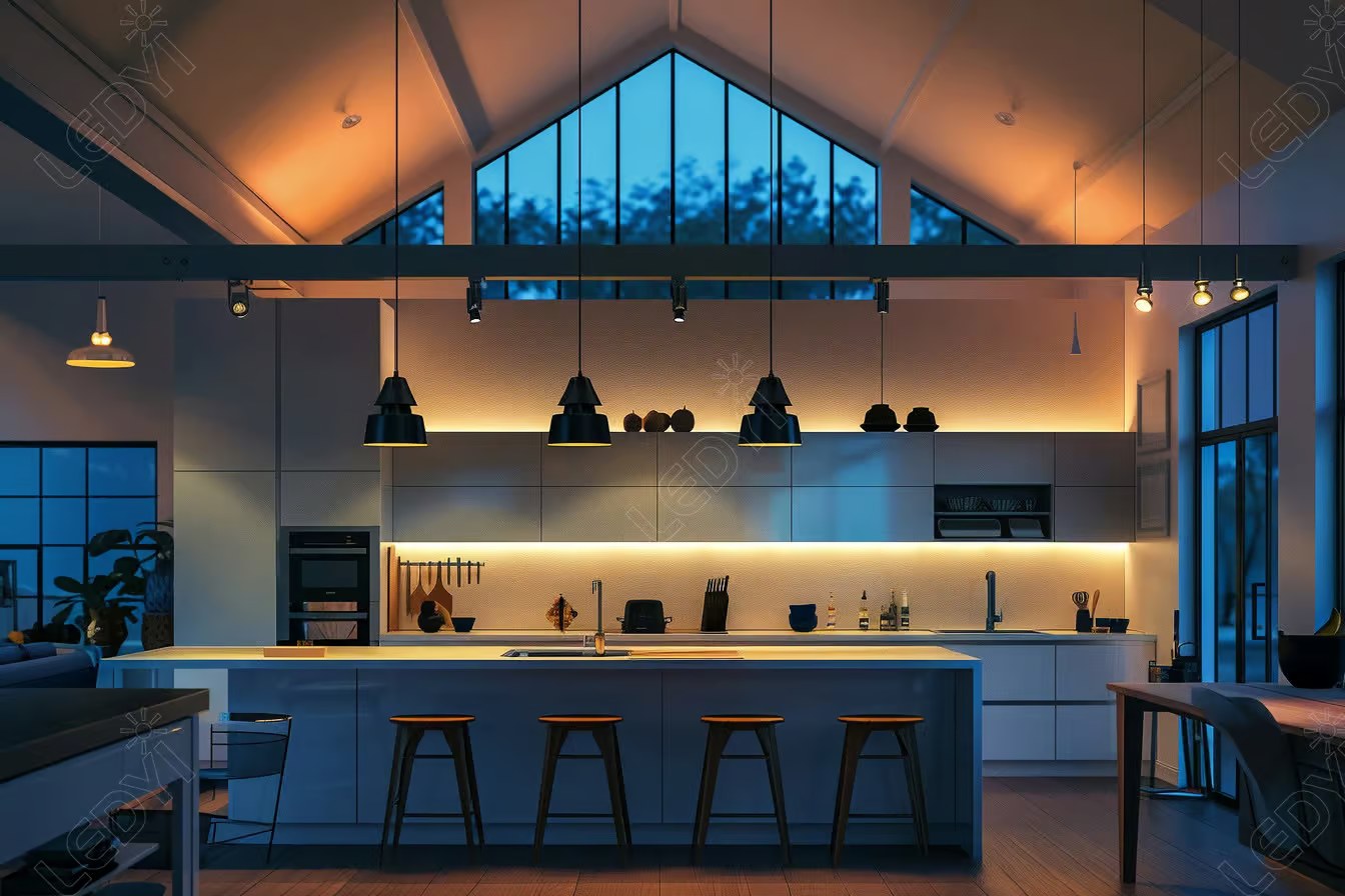Modern kitchen with island and pendant lighting.