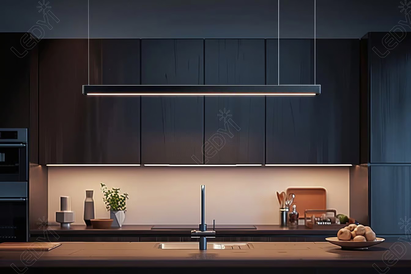 Modern kitchen with sleek cabinets and under-cabinet lighting.