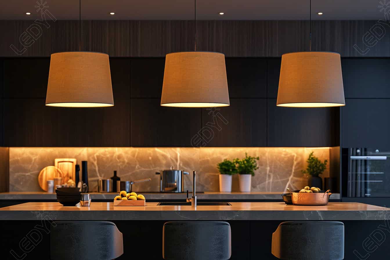 Modern kitchen with pendant lighting over island.
