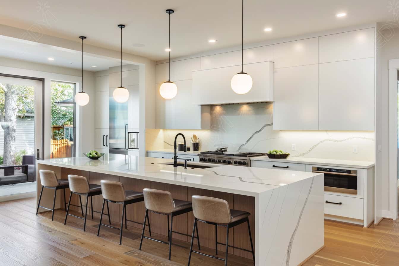 Modern kitchen with island, bar stools, and pendant lights.