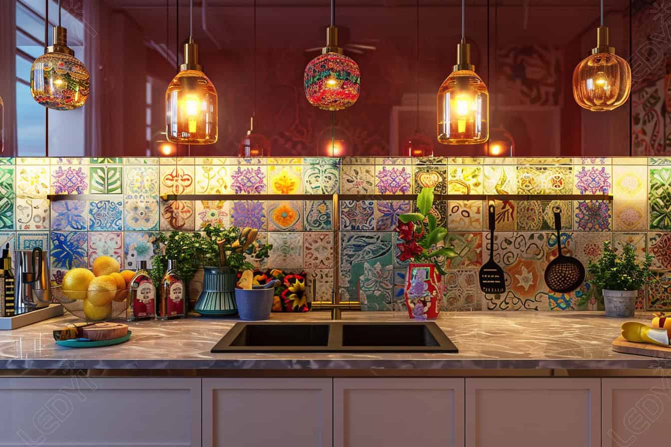 Vibrant kitchen with colorful tiled backsplash and pendant lights.