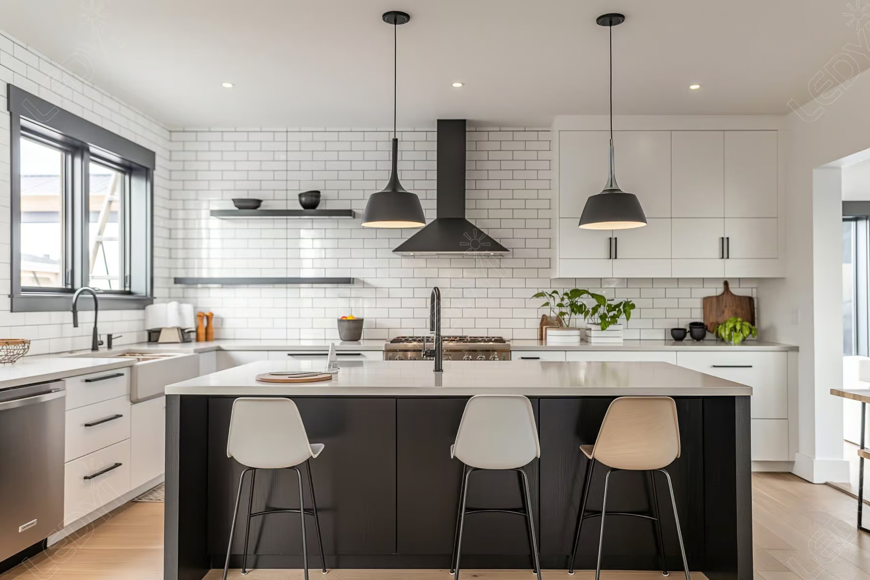 Modern kitchen with island, bar stools, and pendant lighting.