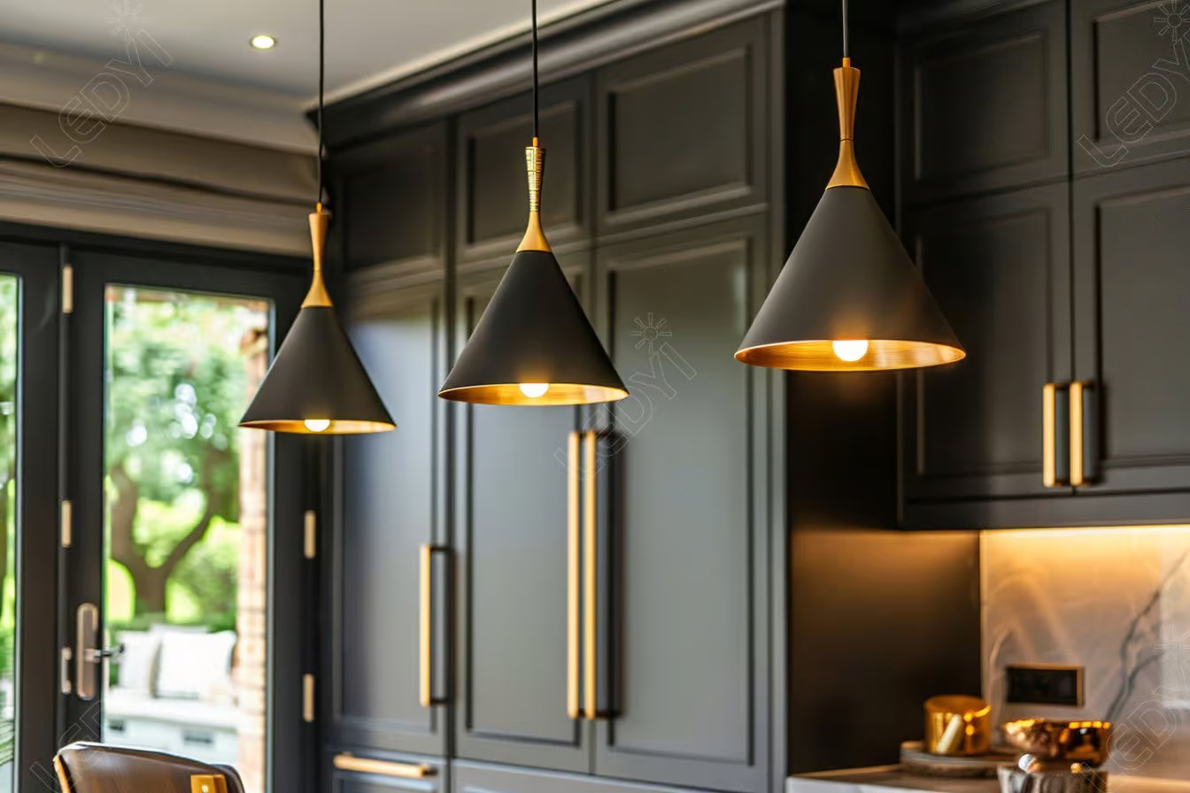 Modern kitchen with black pendant lights and cabinets.