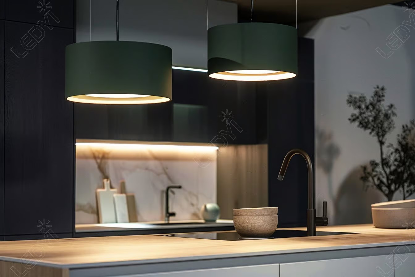 Modern kitchen with elegant lighting and black faucet.