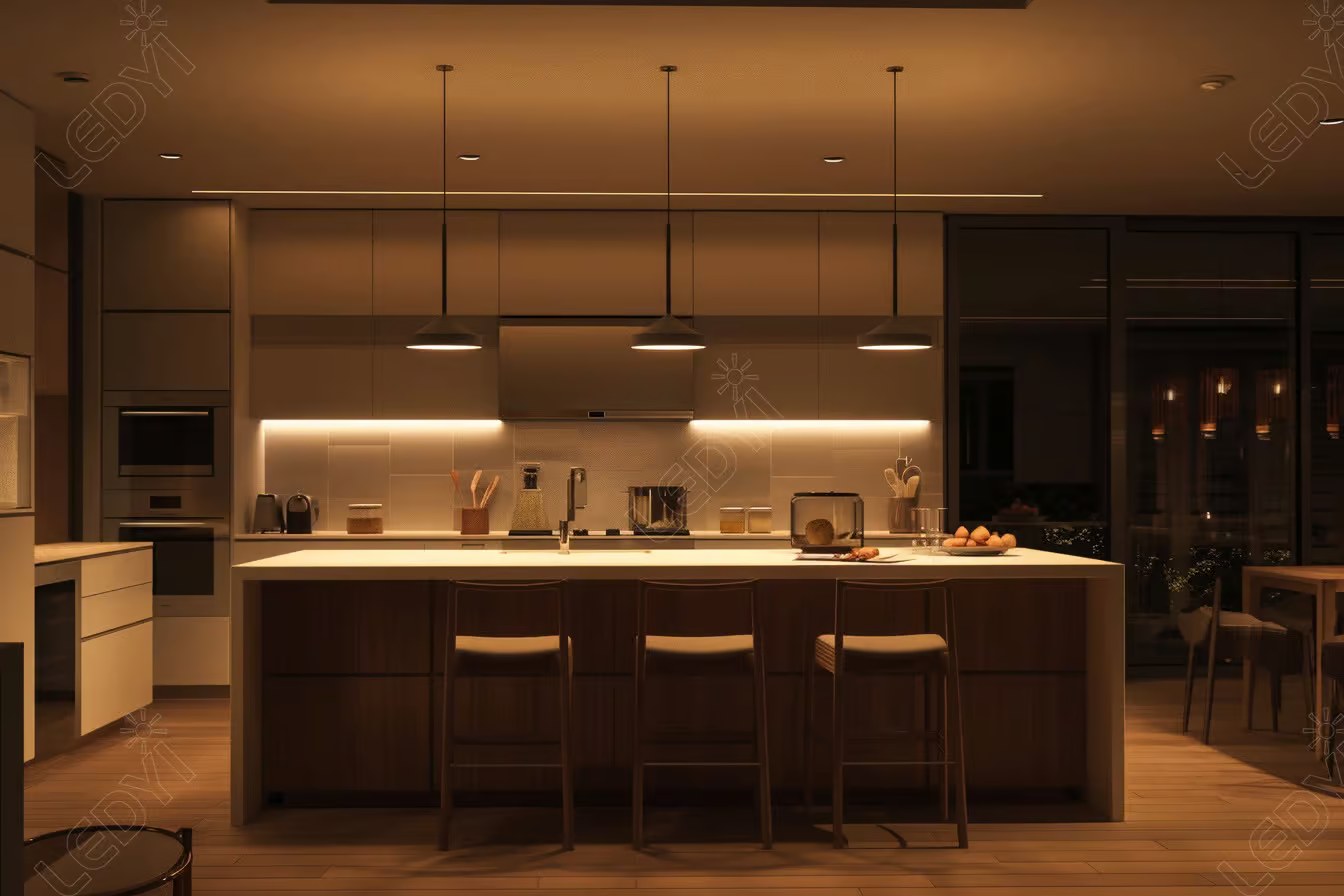 Modern kitchen with island and pendant lighting.