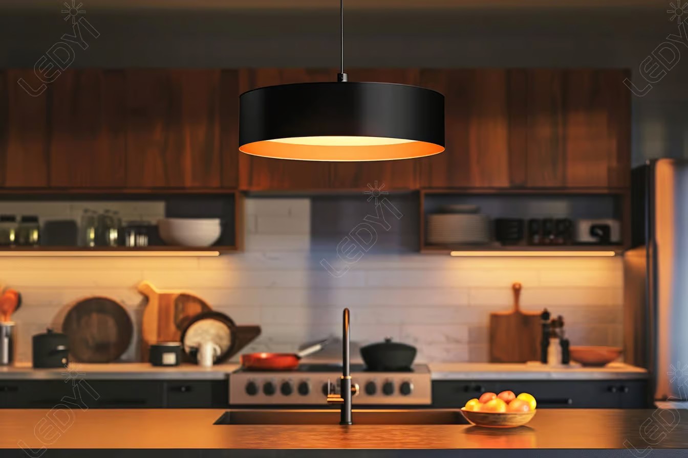 Modern kitchen with pendant lighting and wooden cabinets.