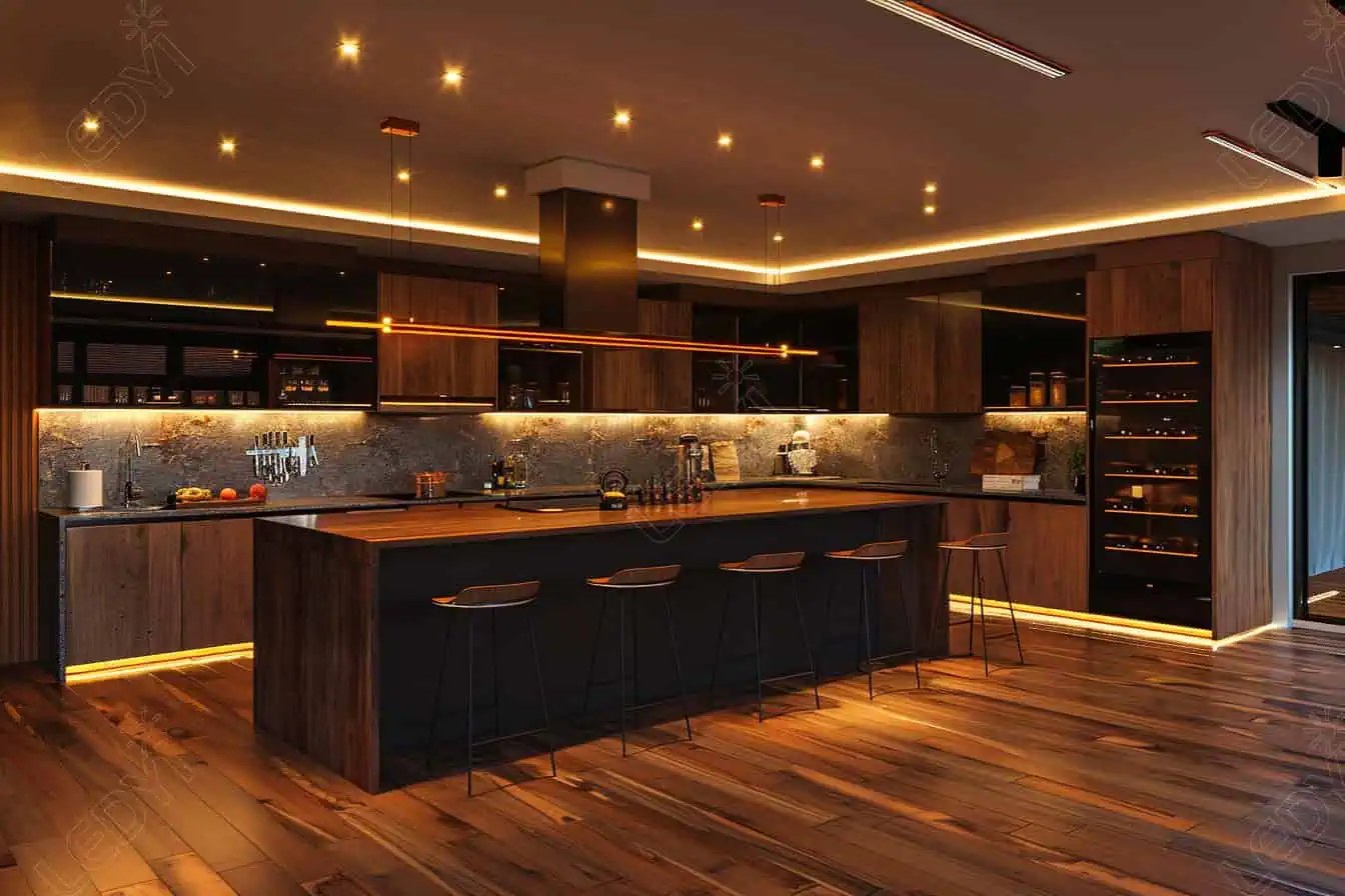 Modern kitchen with wooden accents and ambient lighting.