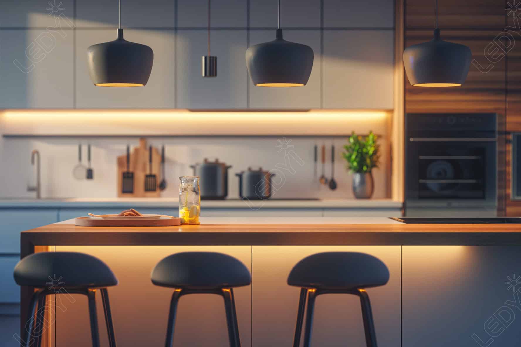 Modern kitchen with island, pendant lights, and cozy ambiance.
