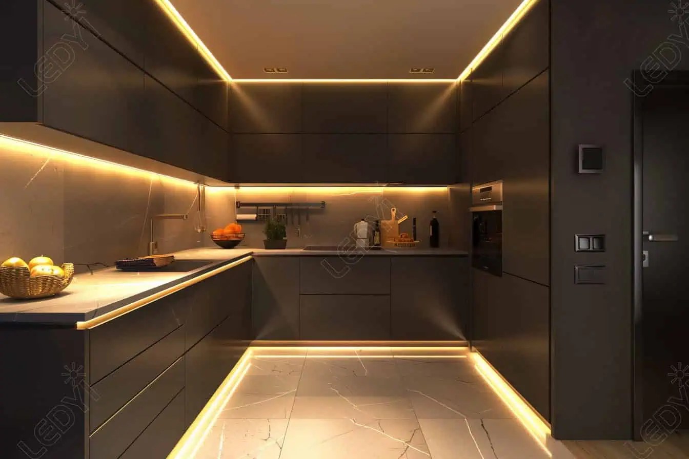 Modern kitchen with under-cabinet lighting and sleek black cabinets.
